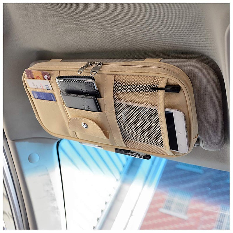 Car Sun Visor Organizer Bag,PU leather Universal Auto Interior Accessories Pocket Organizer,Multi-Function Registration and Document Holder Pouch,Sunglasses Ticket Documents Pen Card Holder (Beigy)